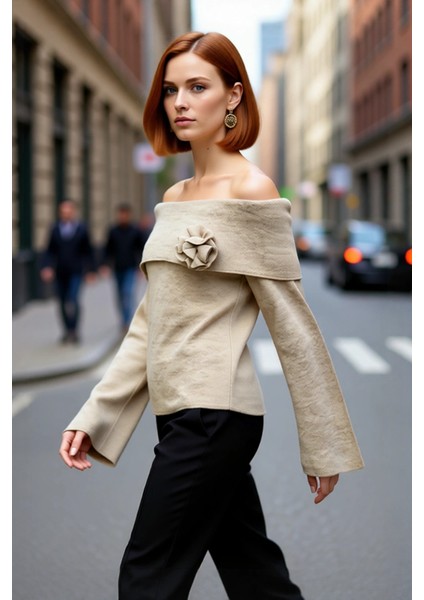 Kadın Gül Detaylı Carmen Yaka Triko Kazak Modern Şık Regular Kalıp Çan Kol Rahat Kullanım Kaliteli