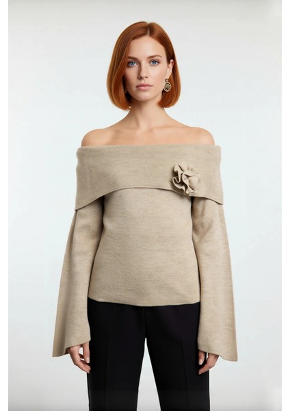 Kadın Gül Detaylı Carmen Yaka Triko Kazak Modern Şık Regular Kalıp Çan Kol Rahat Kullanım Kaliteli fiyatları