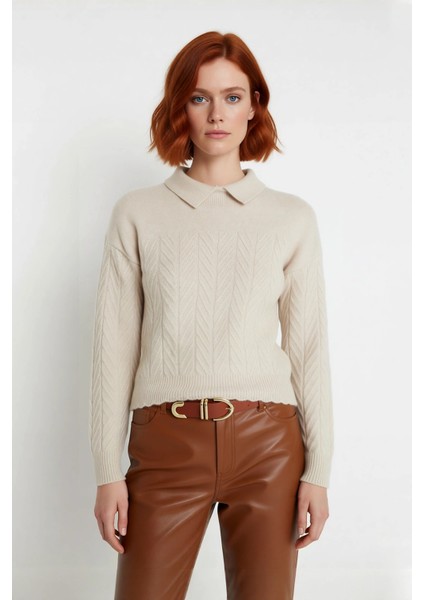 Kadın Regular Kalıp Akrilik Polo Yaka Saç Örgü Desenli Yumuşak Dokulu Triko Kazak Uzun Düşük Kol fiyatları