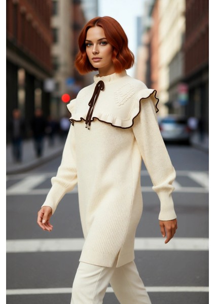 Kadın Triko Tunik Dik Yaka Düşük Kollu Saç Örgü Detaylı Şık ve Rahat Kışlık Kazak Kaliteli