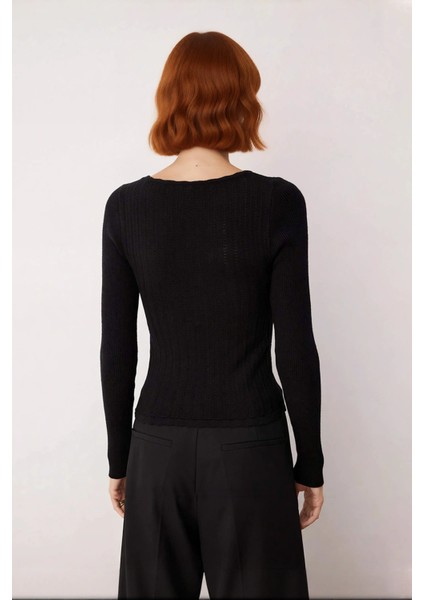 Kadın Fitted Havuz Yaka Ince Triko Crop Bağlama Detaylı Uzun Kollu Modern Şık Günlük Kazak fırsatları