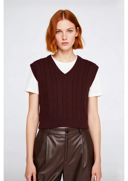 Genç Kadın Regular Kalıp Crop V Yaka Saç Örgü Kolsuz Triko Süveter Ilkbahar Sonbahar Kombini fiyatları