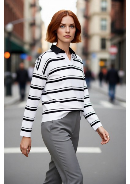 Kadın Oversize Polo Yaka Çizgili Triko Kazak Düşük Kol Rahat Kesim Günlük Şıklık Için Ideal