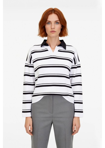 Kadın Oversize Polo Yaka Çizgili Triko Kazak Düşük Kol Rahat Kesim Günlük Şıklık Için Ideal fiyatları