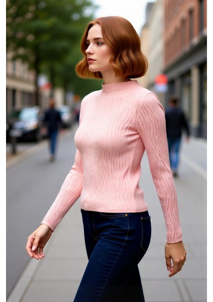 Kadın Ince Triko Dokulu Desen Fitted Kalıp Dik Yaka Standart Kollu Uzun Regular Boy