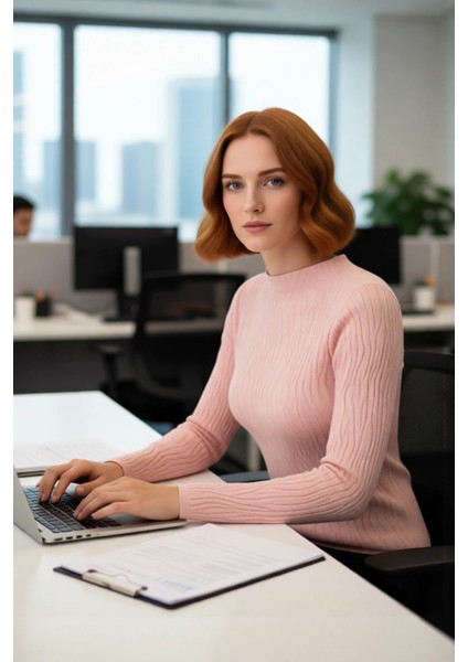 Kadın Ince Triko Dokulu Desen Fitted Kalıp Dik Yaka Standart Kollu Uzun Regular Boy modelleri