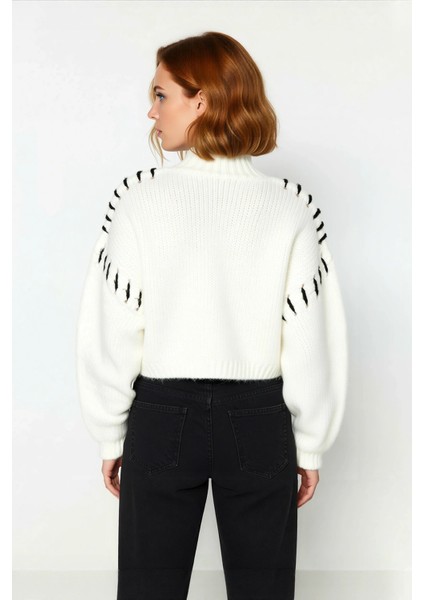 Kadın Oversize Dik Yaka Renk Bloklu Düşük Kol Crop Triko Kazak Kış Kombinleri Için Mükemmeldir fırsatları