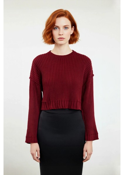 Kadınlar Için Oversize Crop Bisiklet Yaka Fitilli Uzun Kollu Basic Akrilik Triko Kazak Ilkbahar fiyatları