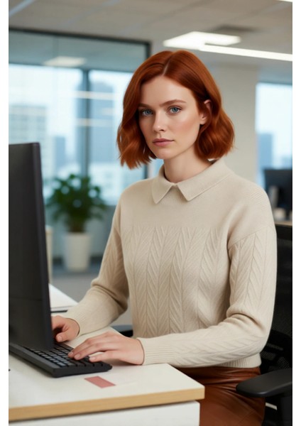 Kadın Regular Kalıp Akrilik Polo Yaka Saç Örgü Desenli Yumuşak Dokulu Triko Kazak Uzun Düşük Kol modelleri