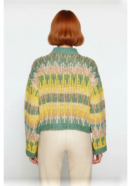 Kadın Etnik Desenli Oversize Dik Yaka Düşük Kol Kalın Crop Triko Kazak Kışlık Günlük Şıklık fırsatları