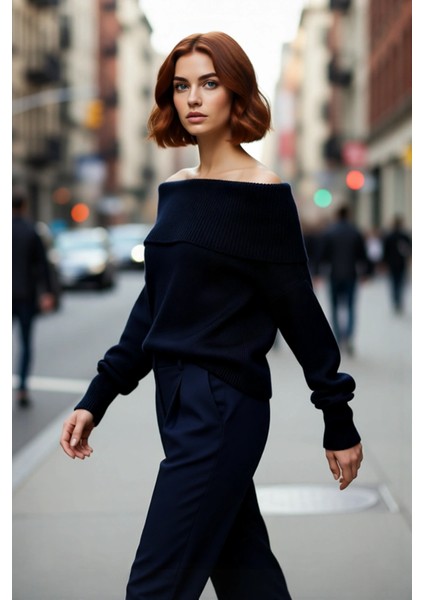 Kadınlara Özel Regular Kalıp Carmen Yaka Triko Kazak Kış Şıklığı Için Ideal Uzun Kollu Tasarım