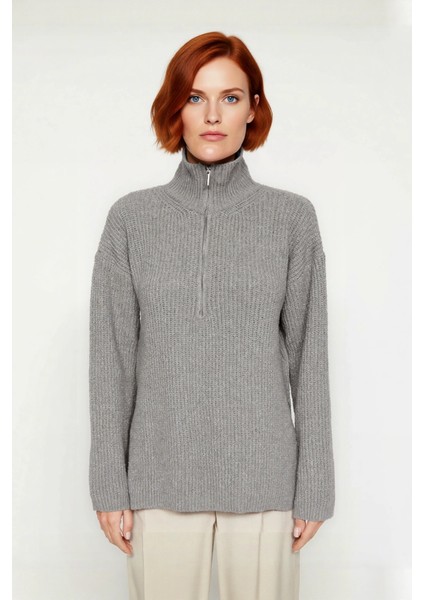 Kadın Dik Yaka Fermuarlı Regular Kalıp Düşük Kol Selanik Örgü Uzun Triko Kazak Soğuk Günler Için fiyatları