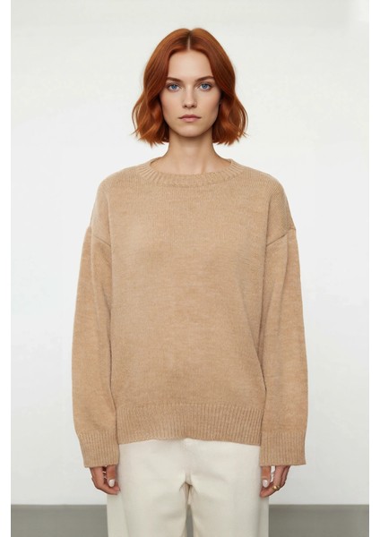 Kadın Oversize Bej Triko Bisiklet Yaka Uzun Kollu Rahat Kazak Kış Günlük Kombinler Için Basic Şıklık fiyatları