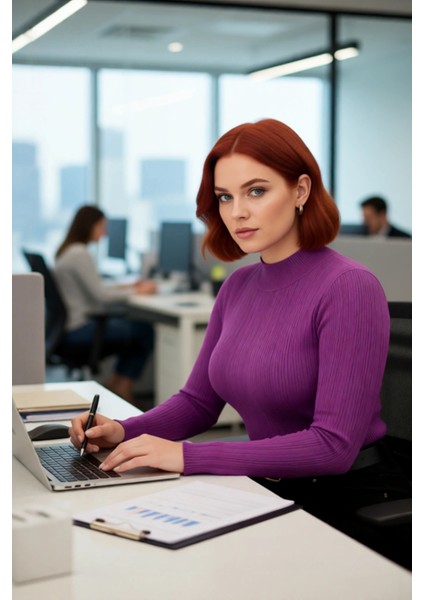 Kadın Mor Fitilli Dik Yaka Uzun Kol Triko Kazak Kış ve Sonbahar Şıklığınıza Zarif Dokunuş Katıyor. modelleri