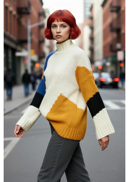 Kadın Oversize Dik Yaka Renk Bloklu Düşük Kol Selanik Dokuma Uzun Triko Kazak Kışlık Kombinlerin