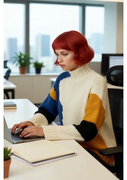 Kadın Oversize Dik Yaka Renk Bloklu Düşük Kol Selanik Dokuma Uzun Triko Kazak Kışlık Kombinlerin modelleri