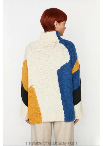 Kadın Oversize Dik Yaka Renk Bloklu Düşük Kol Selanik Dokuma Uzun Triko Kazak Kışlık Kombinlerin fırsatları