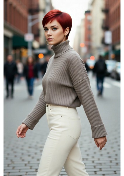 Kadın Oversize Super Crop Balıkçı Yaka Uzun Kollu Akrilik Triko Kazak Kışlık Günlük Şıklık