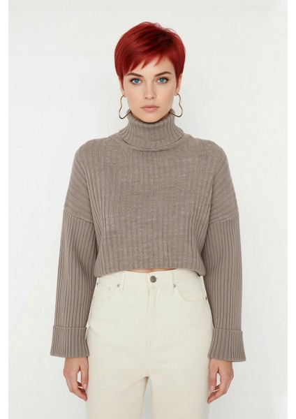 Kadın Oversize Super Crop Balıkçı Yaka Uzun Kollu Akrilik Triko Kazak Kışlık Günlük Şıklık fiyatları