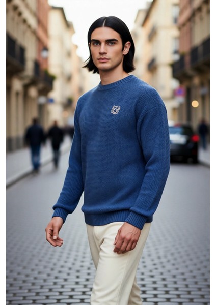 Erkek Oversize Kalıp Bisiklet Yaka Sargı Nakışlı Triko Kazak Günlük Kombinler Için Idealdir