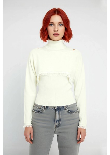 Kadın Dik Yaka Regular Kalıp Püskül Detaylı Uzun Kollu Triko Kazak Crop Bluz Takımı Kışlık Kombin fiyatları