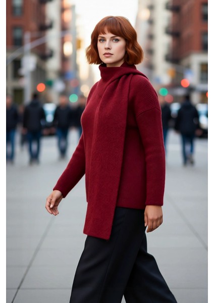 Kadın Bordo Şal Detaylı Yün Içerikli Kalın Triko Kazak Düz Desenli Regular Kalıp Uzun Kollu Kışlık