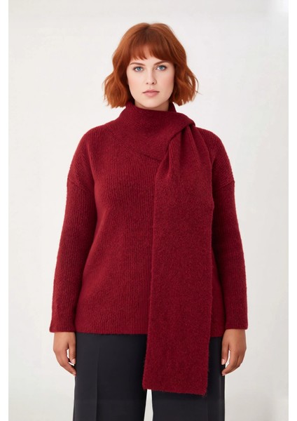 Kadın Bordo Şal Detaylı Yün Içerikli Kalın Triko Kazak Düz Desenli Regular Kalıp Uzun Kollu Kışlık fiyatları