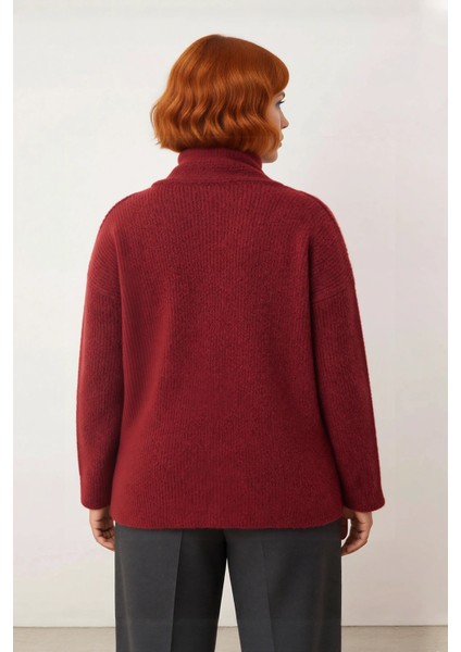Kadın Bordo Şal Detaylı Yün Içerikli Kalın Triko Kazak Düz Desenli Regular Kalıp Uzun Kollu Kışlık fırsatları