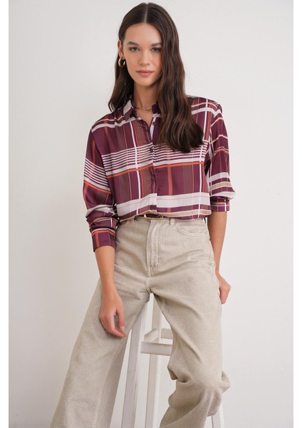 4751 Kadın Ekose Ince Saten Gömlek Bordo fırsatları