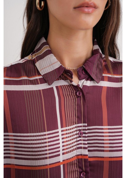 4751 Kadın Ekose Ince Saten Gömlek Bordo