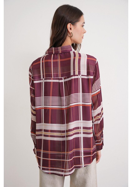 4751 Kadın Ekose Ince Saten Gömlek Bordo