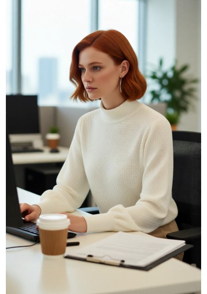 Kadın Dokulu Dik Yaka Balon Kol Regular Kalıp Akrilik Triko Kazak Günlük ve Şık Kış Kombinleri Için modelleri