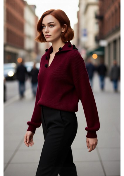 Kadın Regular Kalıp Akrilik Devrik Yaka Gül Detaylı Düşük Kol Triko Kazak Kışlık Kombinlerinize