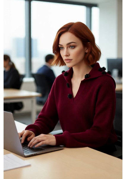 Kadın Regular Kalıp Akrilik Devrik Yaka Gül Detaylı Düşük Kol Triko Kazak Kışlık Kombinlerinize modelleri