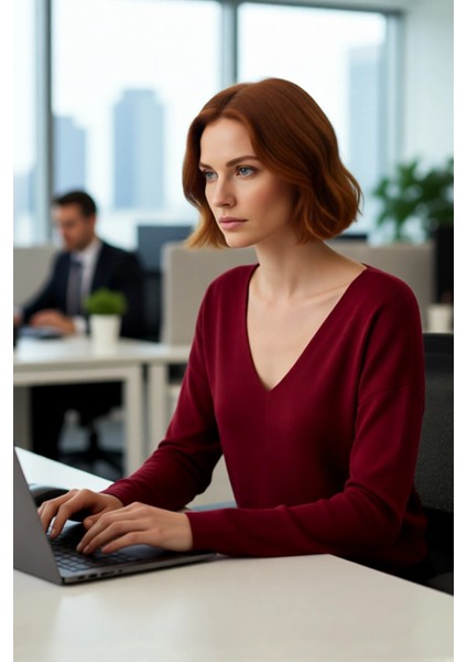 Kadın V Yaka Regular Kalıp Korse Dikiş Detaylı Düz Triko Kazak Kış ve Sonbahar Şıklığı Için modelleri