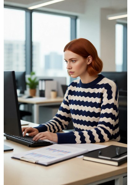 Kadın Lacivert Ekru Oversize Bisiklet Yaka Düşük Kol Dalgalı Ajurlu Yumuşak Dokulu Uzun Triko Kazak modelleri