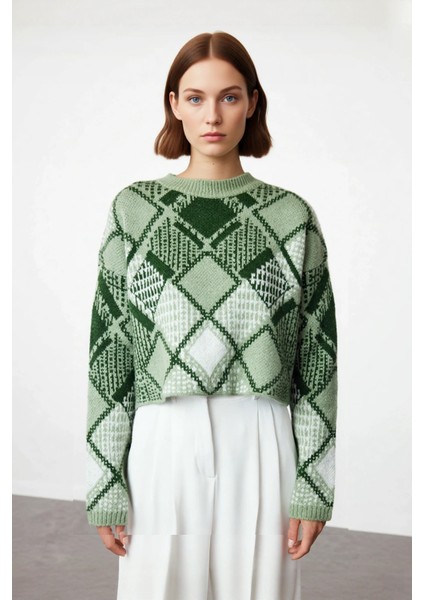 Kadın Oversize Baklava Desenli Düşük Kol Bisiklet Yaka Triko Crop Kazak Kış Sezonu Için Ideal fiyatları