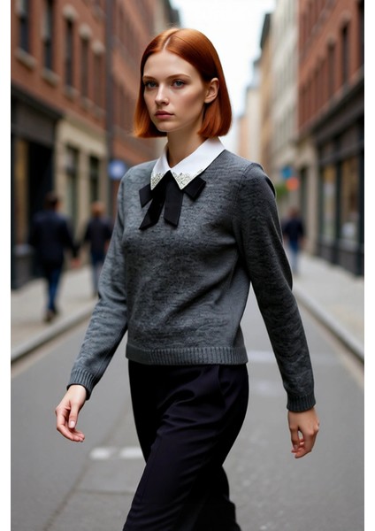 Kadınlara Özel Şık Taş ve Kurdele Detaylı Triko Kazak Regular Kalıp Kışlık Kombinler Için Ideal