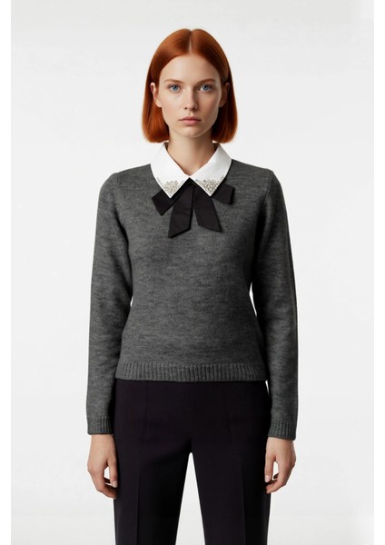 Kadınlara Özel Şık Taş ve Kurdele Detaylı Triko Kazak Regular Kalıp Kışlık Kombinler Için Ideal fiyatları