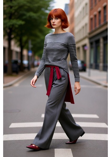 Kadınlar Için Gri Çizgili Bisiklet Yaka Akrilik Triko Kazak Sonbahar Kış Stilinizi Yükseltin