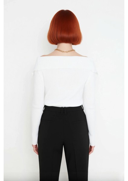 Kadın Devrik Yaka Fitted Fitilli Triko Bluz Uzun Kol Crop Boy Ilkbahar Sonbahar Günlük Şıklığı fırsatları