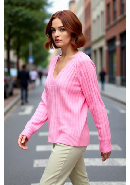 Kadın Regular Kalıp V Yaka Fitilli Reglan Kol Triko Kazak Kış Aylarında Modern ve Rahat Giyim