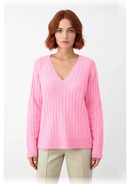 Kadın Regular Kalıp V Yaka Fitilli Reglan Kol Triko Kazak Kış Aylarında Modern ve Rahat Giyim fiyatları