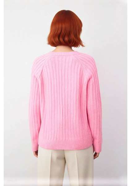 Kadın Regular Kalıp V Yaka Fitilli Reglan Kol Triko Kazak Kış Aylarında Modern ve Rahat Giyim fırsatları