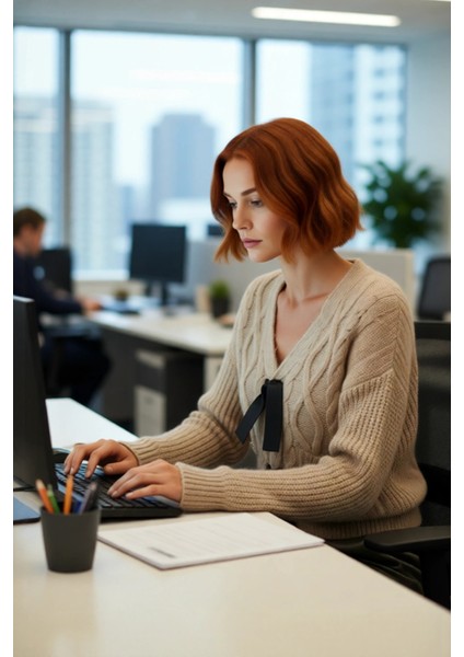 Kadın Regular Kalıp V Yaka Saç Örgü Desenli Düşük Kol Crop Triko Kazak Kurdele Fiyonk Detaylı modelleri