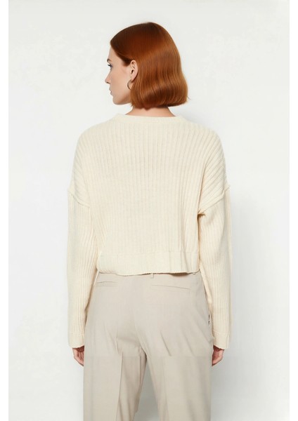 Kadınlar Için Oversize Crop Bisiklet Yaka Fitilli Uzun Kollu Basic Akrilik Triko Kazak Ilkbahar fırsatları