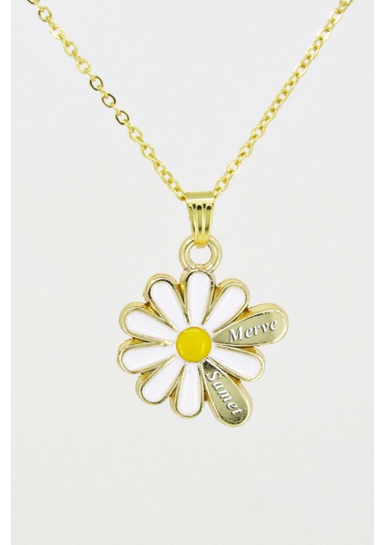 Kişiye Özel 2 İsimli Gold Renk Papatya Kolye bbk24