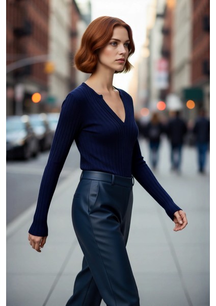 Kadınlar Için Ince Fitilli Kaçık Yaka Uzun Kollu Fitted Triko Kazak Ilkbahar Sonbahar Günlük Şıklık