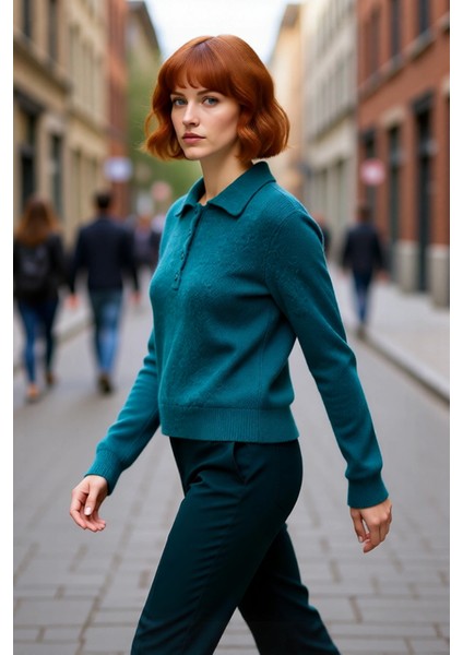 Kadın Regular Kalıp Polo Yaka Triko Kazak Kış Sezonu Için Özel Tasarım Rahat Şık ve Konforlu