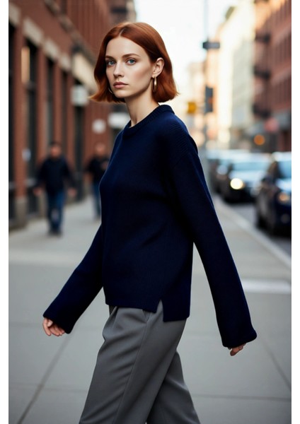 Kadın Oversize Triko Kazak Geniş Ispanyol Kol Bisiklet Yaka Düz Dokulu Kışlık Basic Model Kaliteli